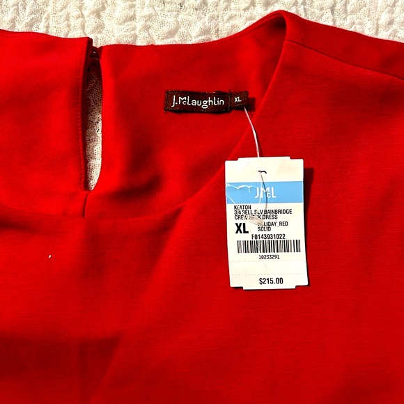 J.McLaughlin Holiday Red Solid Dress size XL Crew Neck Dress 3/4 sleeve - Picture 2 of 4